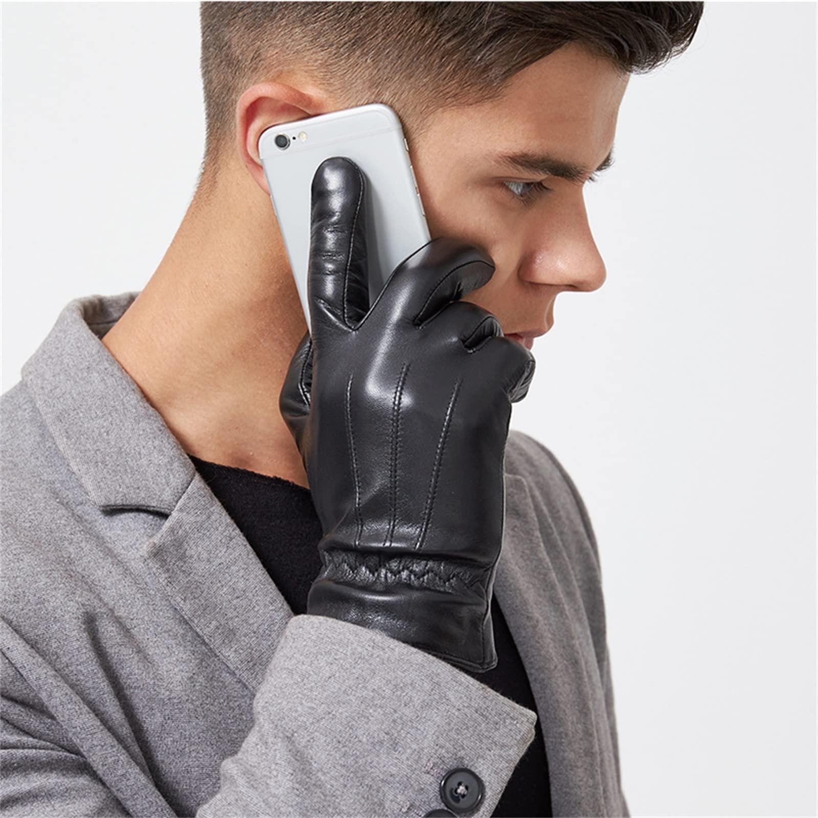 Guanti in Pelle da Uomo Guanti Touch Screen in Pelle, Guanti da Guida da Uomo con Isolamento in Peluche Invernale Guanti Invernali (Color : Black, Size : L)