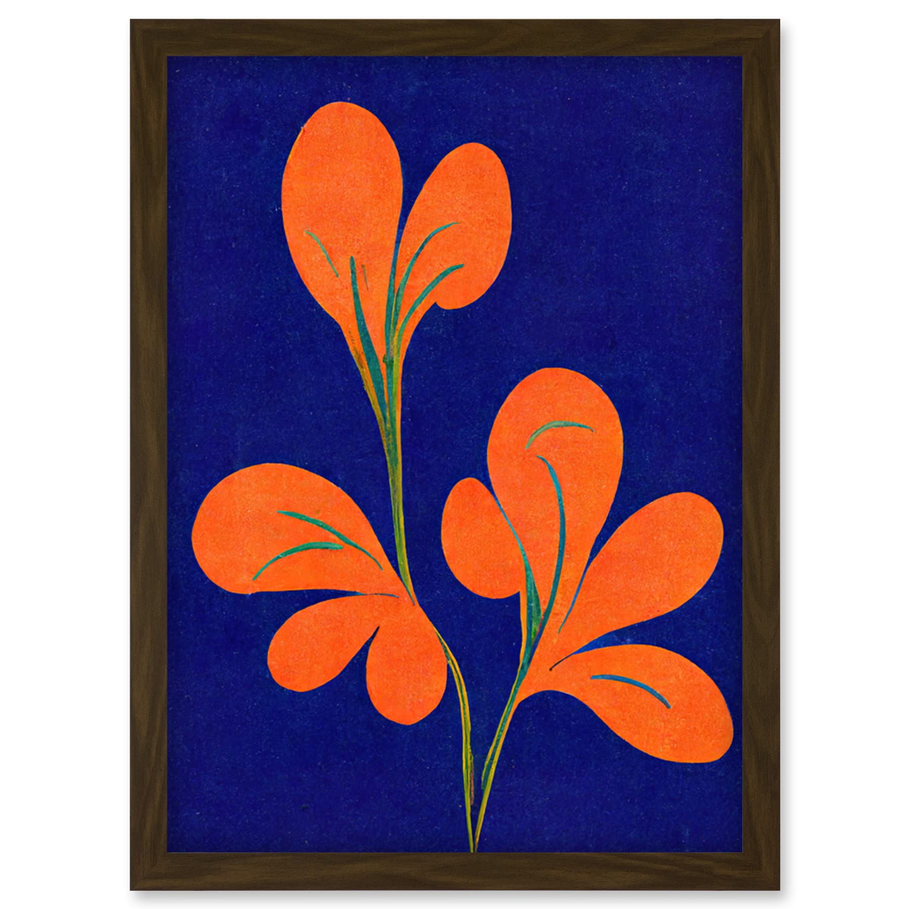 Doppelganger33 LTD Henri Matisse Inspired Bright Abstract Orange Flower Blooms On Royal Blue Artwork Framed Wall Art Print A4