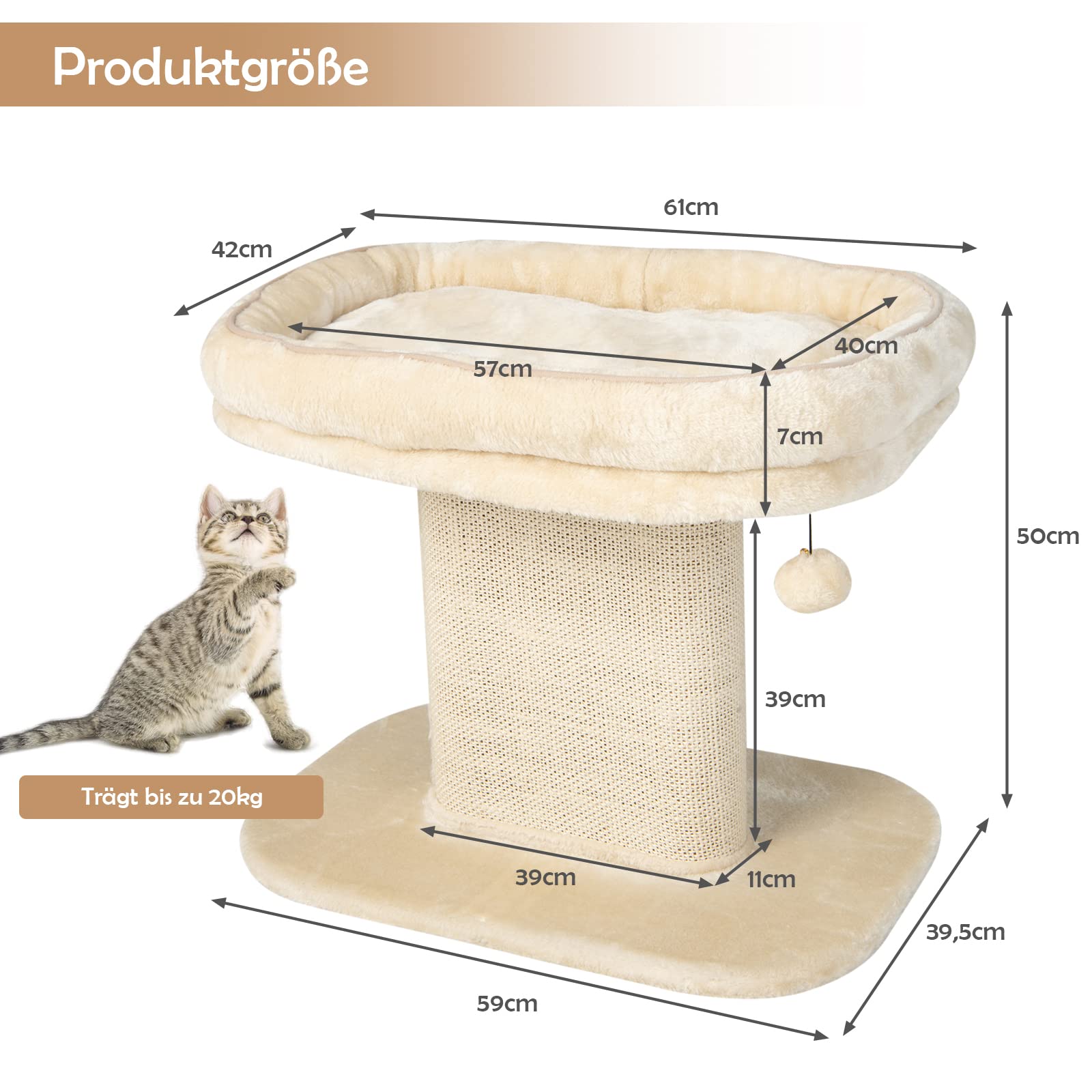 COSTWAY Kratzbaum Klein, 50cm hoch, Katzenbaum mit weicher Plüschsitzfläche & Sisal-Kratzsäule & Ball, Katzenkratzbaum Holz, Katzen Katzenmöbel Kletterbaum, Aktivitätsbaum Spielbaum (Beige)