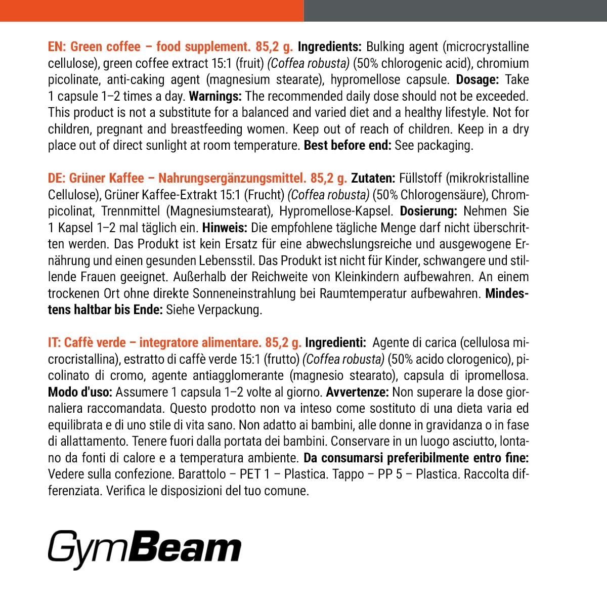 GymBeam Caffè Verde - Estratto di Caffè Verde con Acido Clorogenico e Cromo per Aiutare a Perdere Peso, Bruciagrassi Naturale, Supporta i Livelli di Glucosio nel Sangue, 120 cps