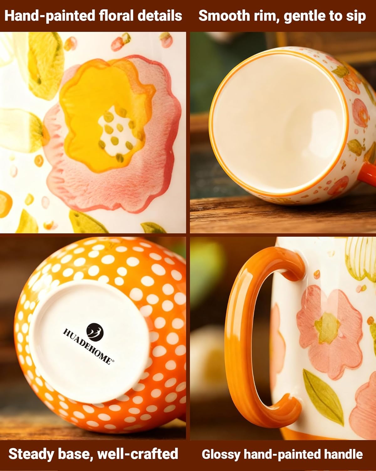 Large 24oz Ceramic Coffee Mug with Handle for Coffee or Tea, Hand-Painted Floral Pottery Mug for Women, Durable Microwave & Dishwasher Safe, Christmas Gift for Family, Holiday & Fall Decor