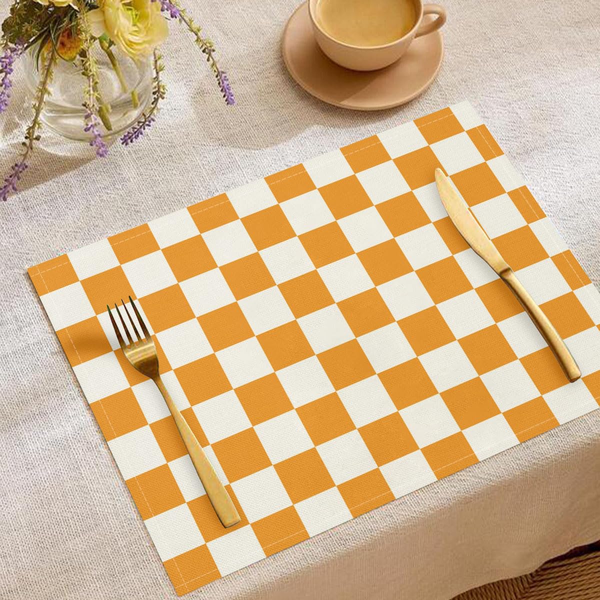 Set Di 8 Tovagliette Scacchiera Moderna In Lino, Arancione Bianco, 45X30Cm Con Stampa Di Illustrazione Geometrica, Resistenti Al Calore Antiscivolo Lavabili Per Sala Da Pranzo Cucina Feste