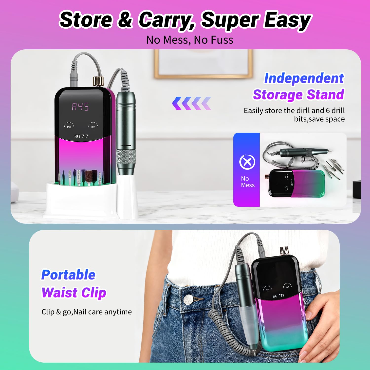 JEWHITENY Portable Nail Drill SG717 Electric Nail File,45000RPM Professional Rechargeable Nail E-File Machine for Acrylic Gel Nails,Remove Nail Gel Polish(Purple)