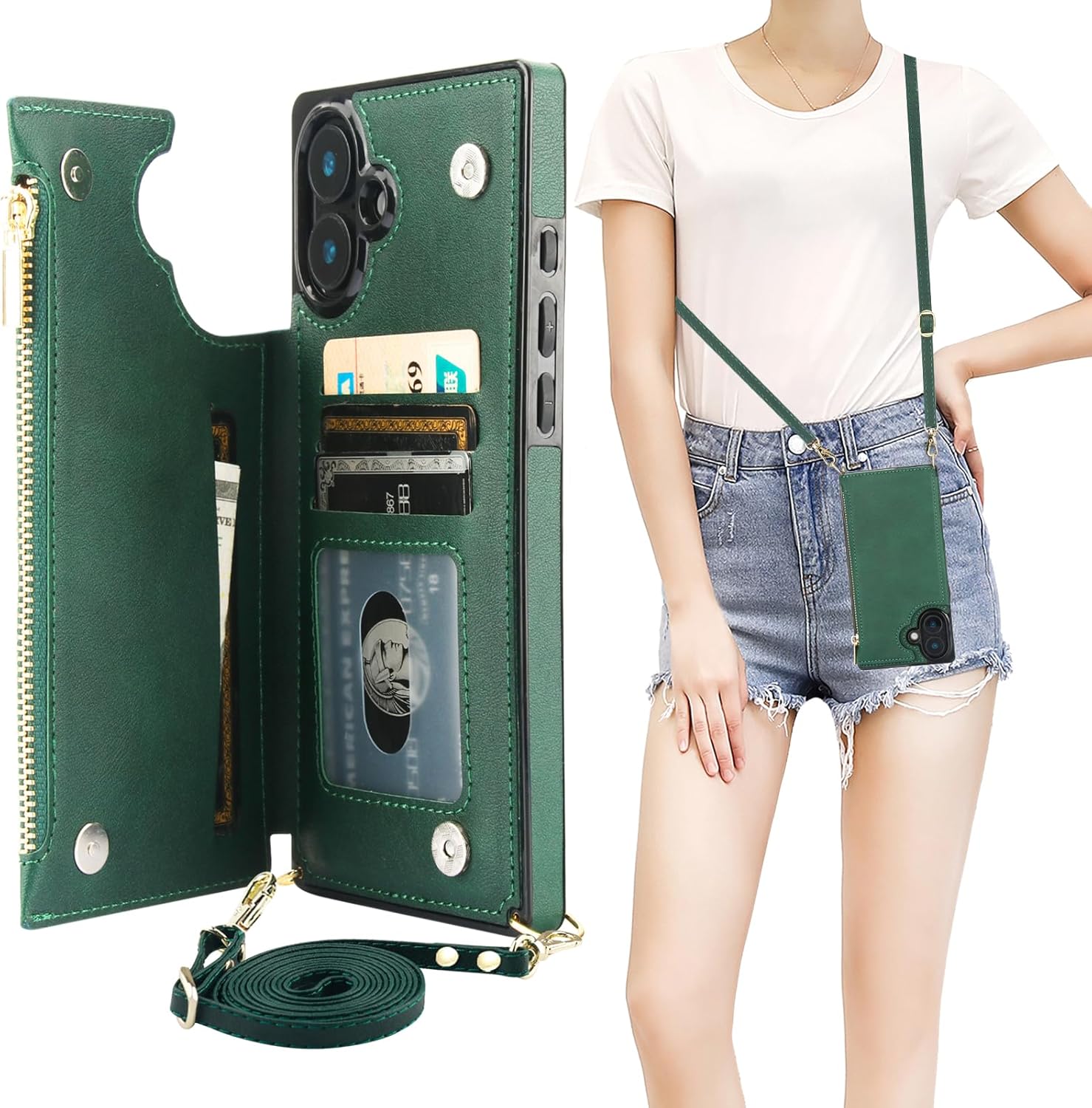 Bocasal Crossbody Wallet Case for iPhone 16 Plus with RFID Blocking Card Slot Holder, Magnetic Flip Folio Purse Case, PU Leather Zipper Handbag with Detachable Lanyard Strap 6.7 Inch 5G (Green)