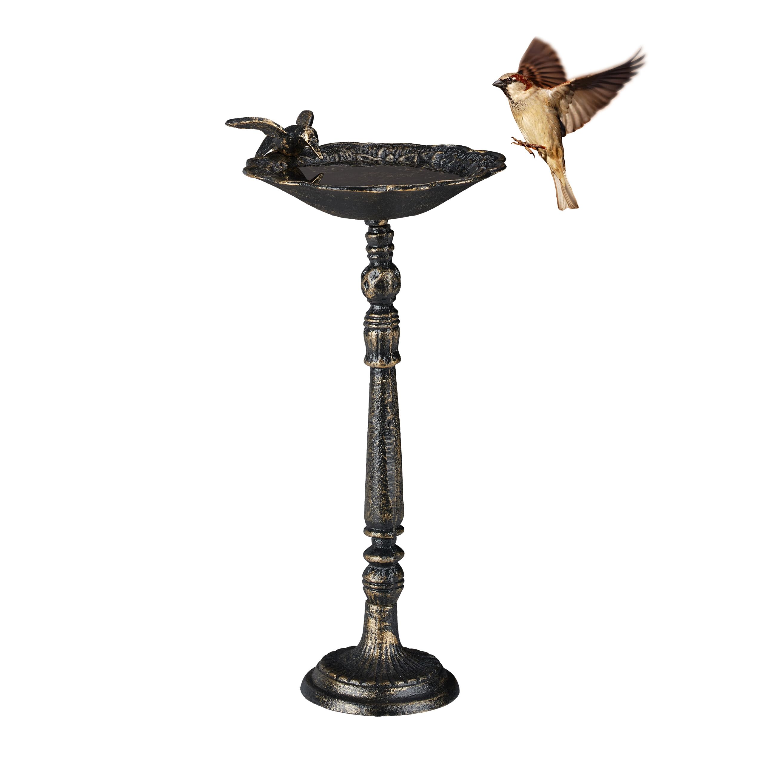 Relaxdays Bebedero Pájaros Hierro Fundido, de Pie, Baño Aves Estilo Retro, Bañera Gorriones Exterior, 40 cm Alto, Bronce