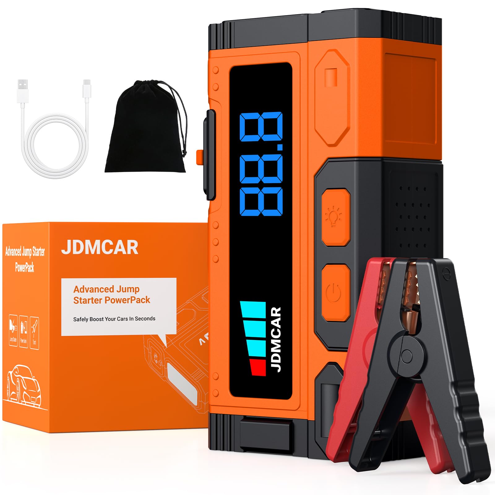 JDMCAR Arrancadores de Bateria de Coche, 5000A 12V Arrancador de Coches Motor 9.0L Gasolina o 8.5L Diesel, Arrancador portatil con Pantalla LCD y Carga Rápida y Linterna LED, potenciador de batería