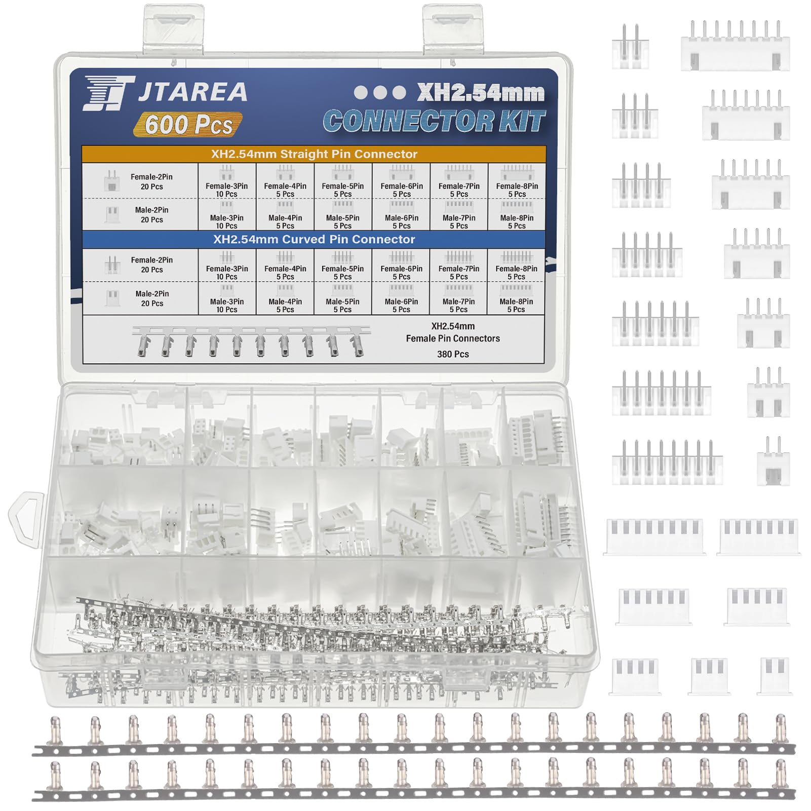 29Values 600PCS JST XH 2.54 MM Connector Kit 2.54MM 2Pin 3Pin 4Pin 5Pin 6Pin 7Pin 8Pin Female Male Housing Jst-xh Female Pin Connectors