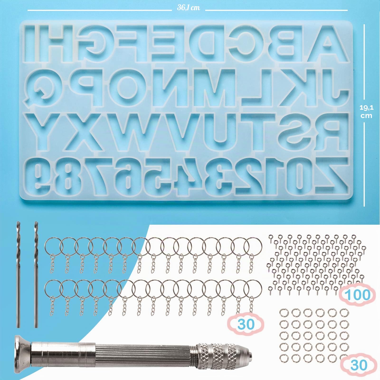 Mocoosy 134Pcs Kit de moldes de resina de alfabeto de silicona, Número de letra Moldes de fundición de resina epoxi Juego de fabricación de llaveros con 1 taladro 2 brocas 30 llaveros 100 tornillos