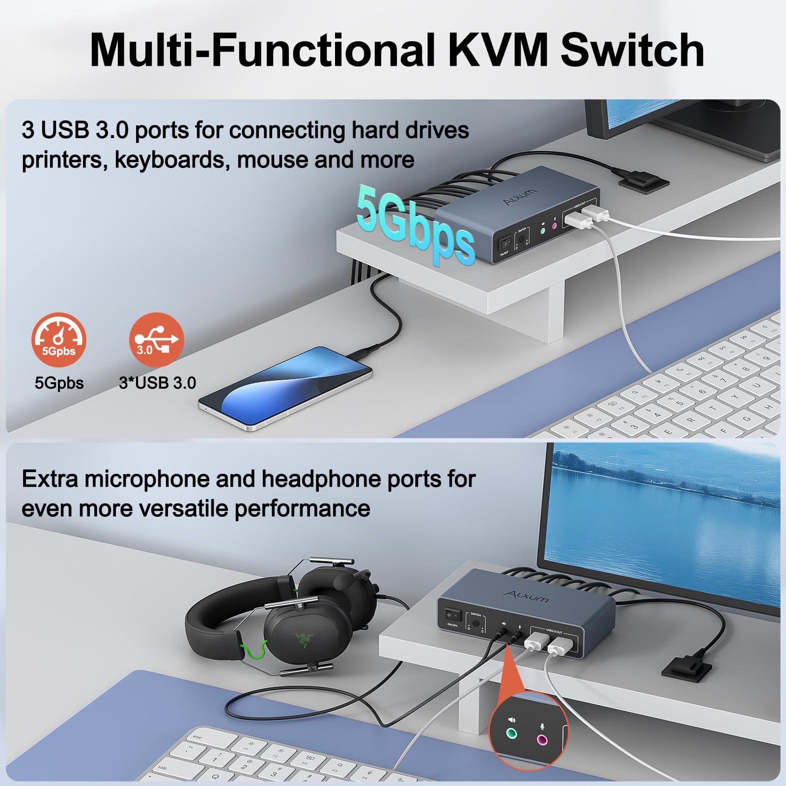Alxum HDMI KVM-Switch für 2 Monitore und 2 Computer, Dual-Monitor KVM USB-Switcher, 4K@60Hz, unterstützt Kopier- und Erweiterungsmodus, mit USB 3.0-Ports, Desktop-Controller und 2 USBKabeln.