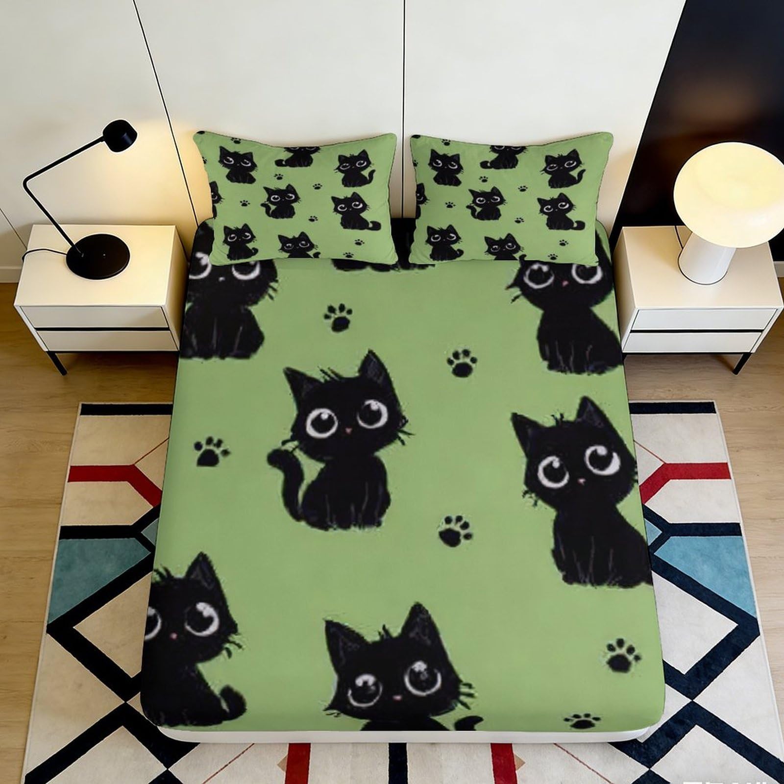 3D Printed Cartoon Cat Fitted Sheet Microfiber Bedroom Bedding Deep Pocket Cartoon Cat Mattress Fitted Cover Full Age Use Washable 200x200x25cm 90x200x25cm