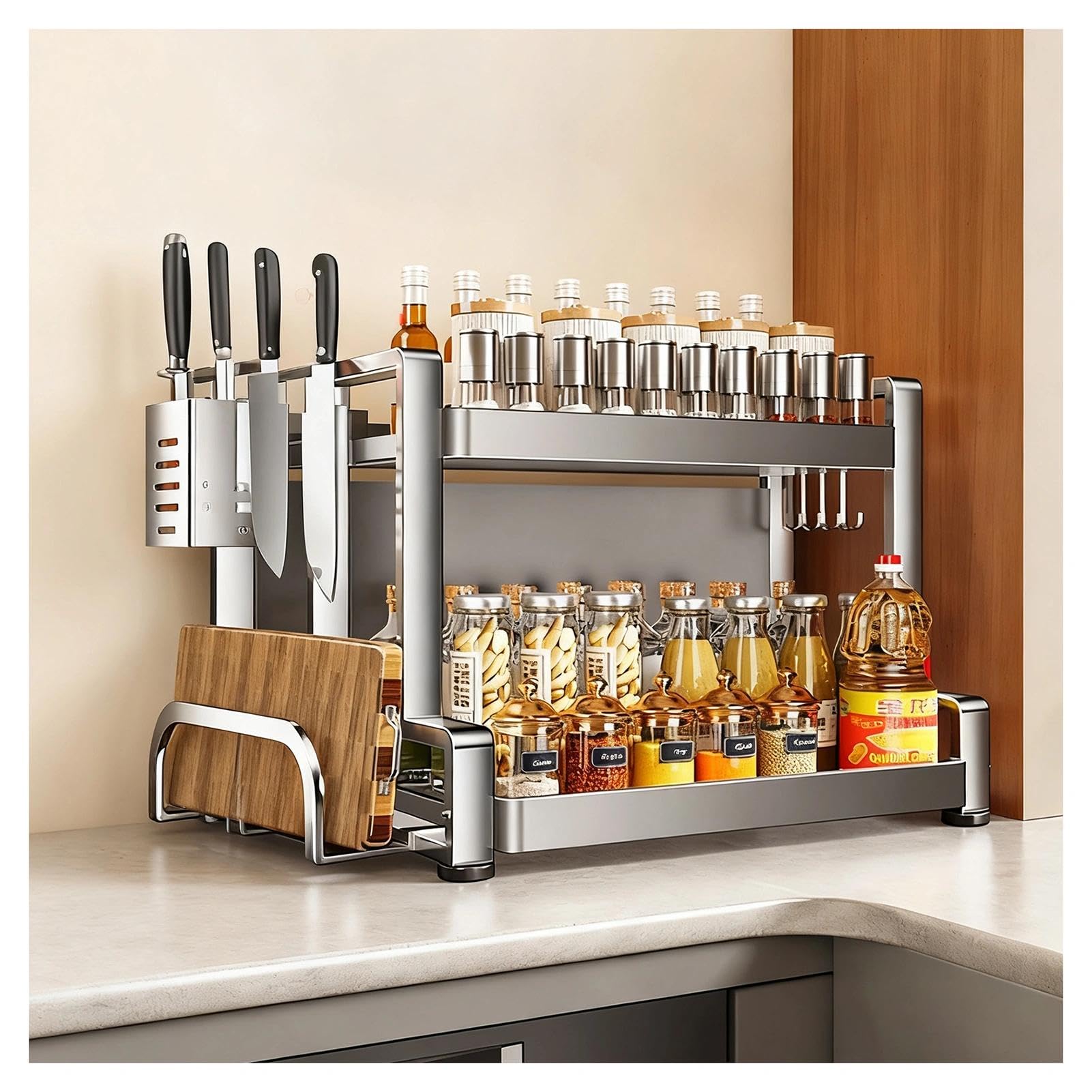 HADECOLL Stainless Steel Spice Rack, Freestanding With Knife Holder And Hooks, Multifunctional Storage For Kitchen, Pantry, Bathroom,2 Tier-15.7in