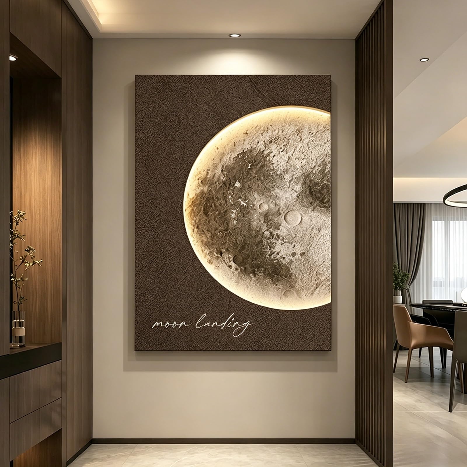 SYXHJTFZ Modern Elegant Moon Sandstone Wall Art Borderless Decor, Large Celestial Lunar Prints Warm Plug-in LED Light Remote Control for Living Room Apartment Indoor Space(A,80 * 120cm/31.5 * 47.2in)