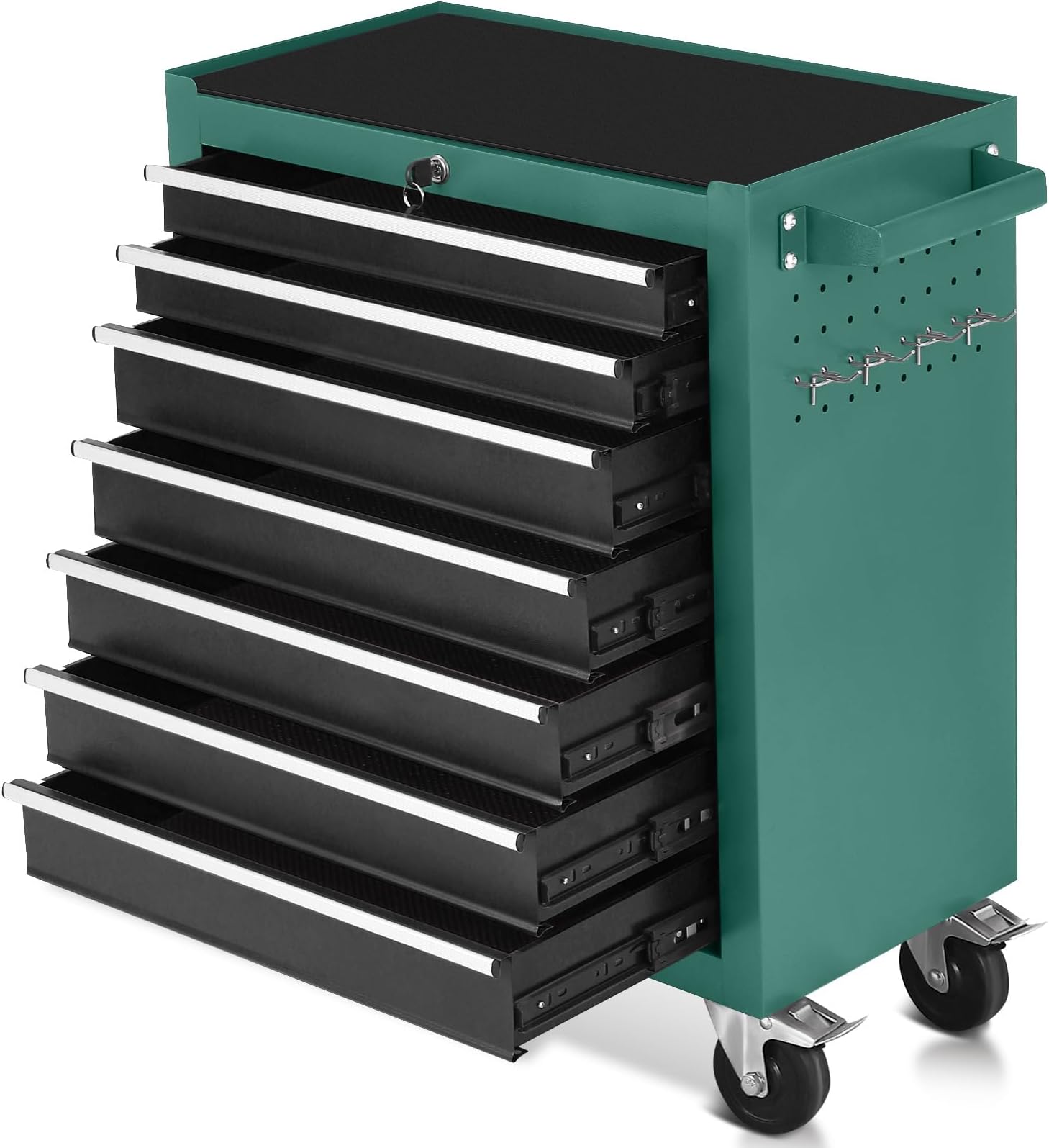 7-Drawer Rolling Tool Chest With Wheels, Keyed Locking Cabinet, Multifunctional Cart, Storage Organizer for Garage, Warehouse, Repair Shop (Black Green)