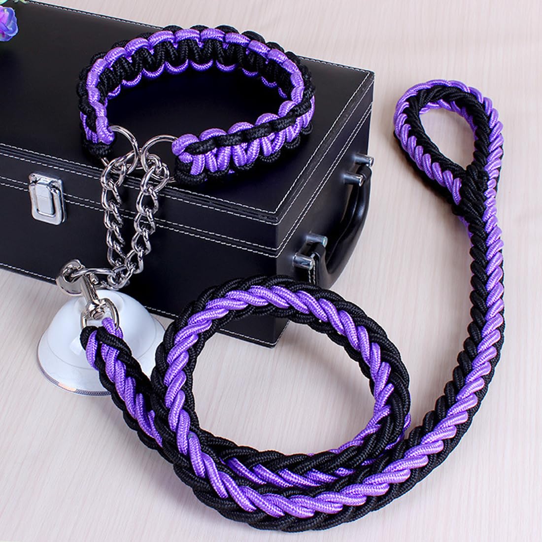 DOTEYAYP Heavy Duty Nylon Dog Collar Leash Set 8 Strand Rope Braided Adjustable Dog Training Collar for Small, Medium, Large Dog (Small, Black and Purple)