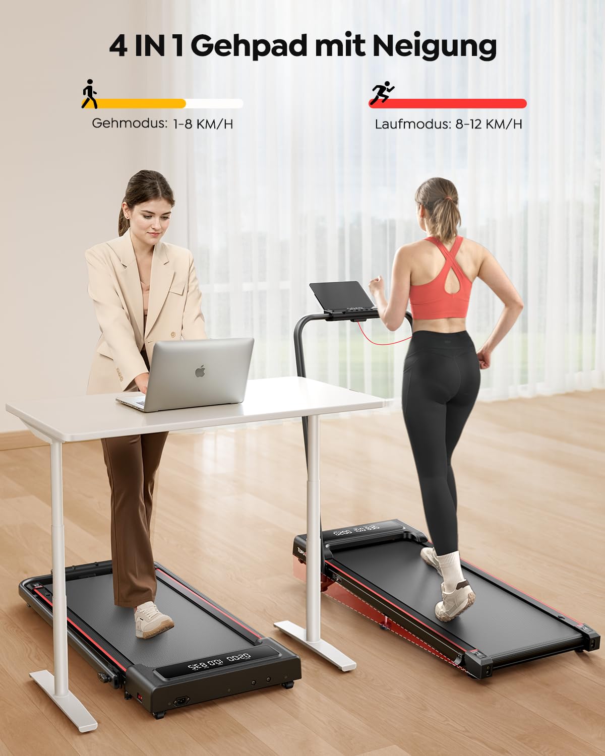 Laufband für Zuhause mit 9% Neigung, 12 km/h Klappbar Laufband mit Steigung, 2.5HP Leiser Motor, 4 IN 1 Under Desk Schreibtisch Treadmill für Zuhause & Büro
