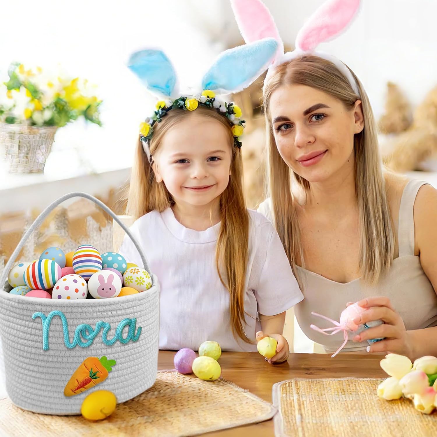 UBJVA Custom Easter Basket Personalized Easter Egg Hunt Basket with Name Rope Storage Organizer Decorations Gift for Girls Boys