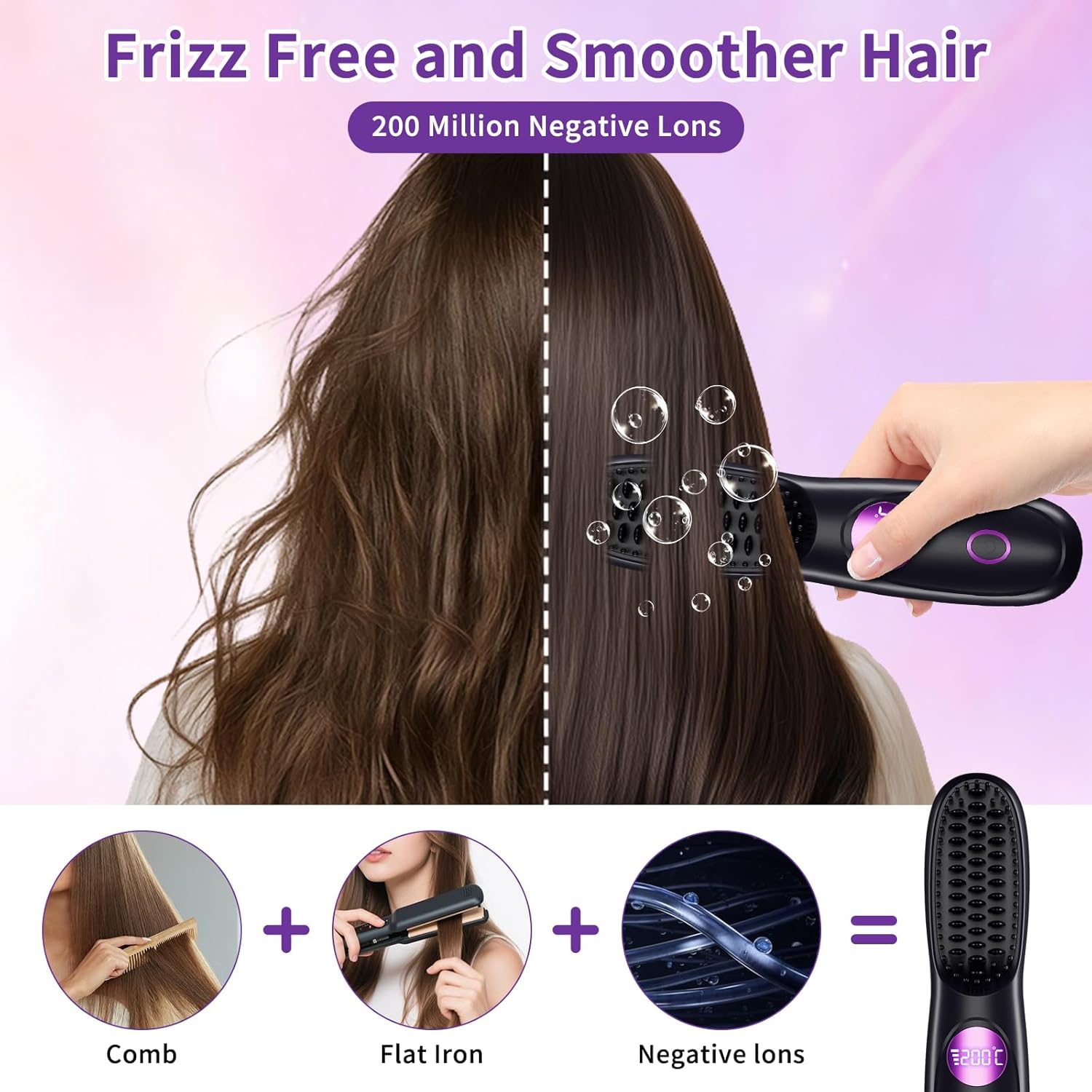 Cordless Hair Straightener Brush, Portable Hair Straightening Brush for Travel with Dense Bristles, 3 Temps Fast Heating, LCD Temperature Display, Touch Up On-The-Go, Fast Heating,for All Hair Types