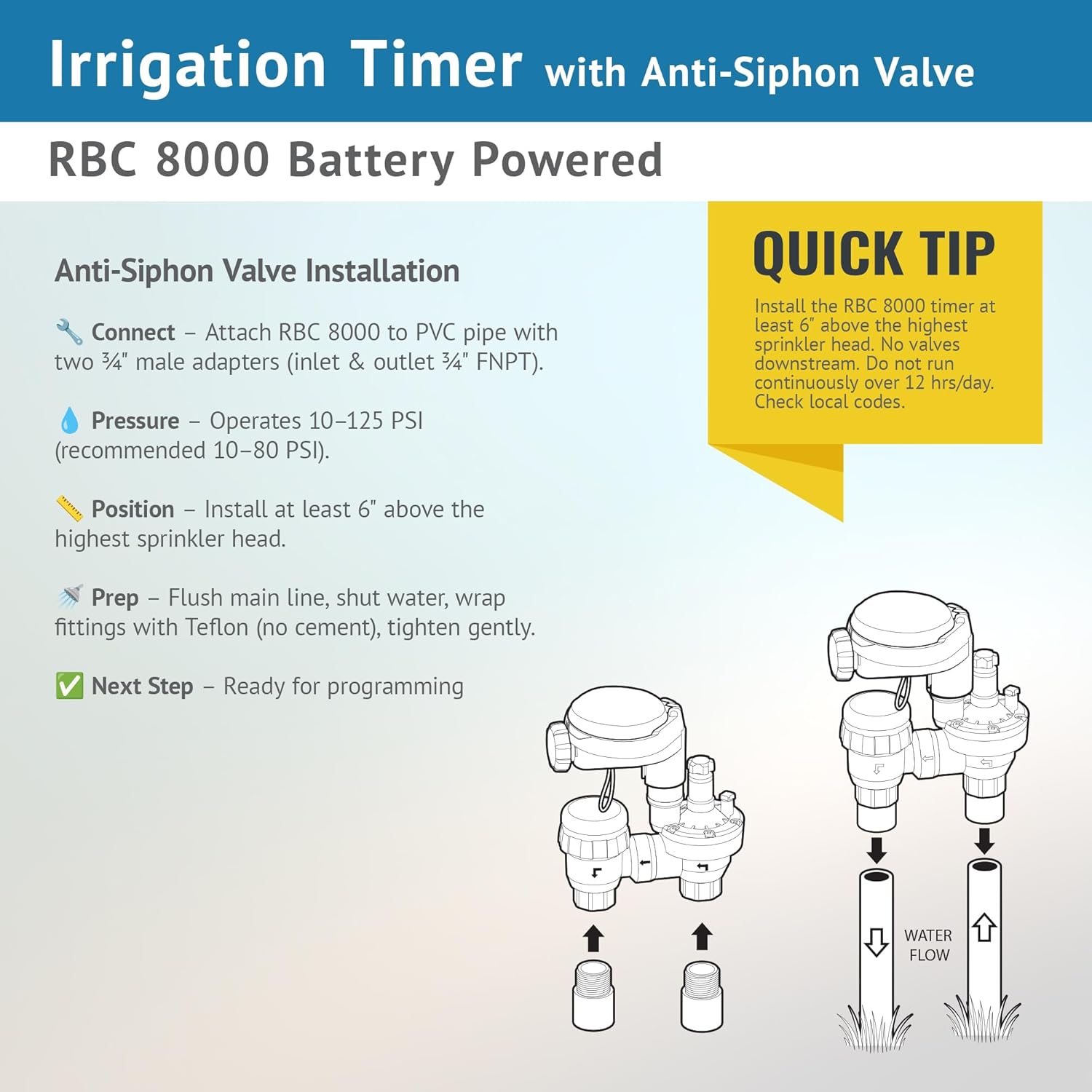DIG RBC 8000 Battery Powered Irrigation Automatic Controller with 3/4" Anti-Siphon Valve - Advanced, Safe, and Convenient for Sprinklers or Drip Irrigation System