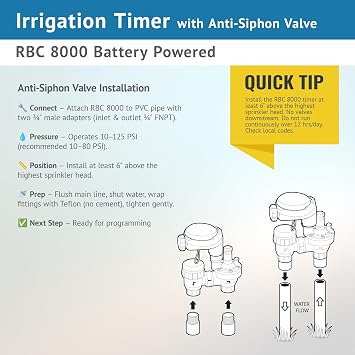 DIG RBC 8000 Battery Powered Irrigation Automatic Controller with 3/4 Anti-Siphon Valve - Advanced, Safe, and Convenient for Sprinklers or Drip Irrigation System
