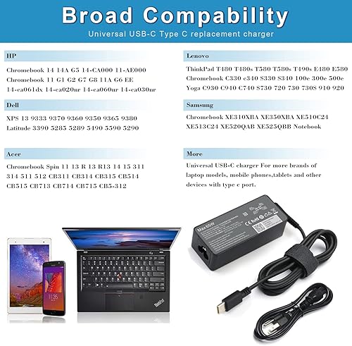 Miniatura 3 de Cargador USB-C tipo C de 65 W para Lenovo Chromebook 100e 300e 500e C330 C340 S330 Yoga C930 C740 S730 730 730S 720 910 920 ThinkPad X1 Carbon 5ª 6ª
