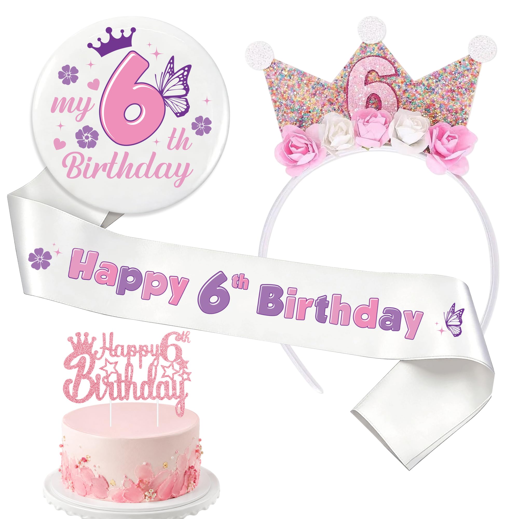 6th Birthday Decorations for Girls - 4 Pcs Pink Purple Happy 6th Birthday Sash My 6th Birthday Badge Number 6 Flower Princess Crown Cake Topper for 6 Years Old Party Decoration Supplies and Gifts