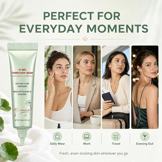 2Pcs CC Red Correct with Centella Asiatica,Colour Changing Foundation, Green Colour Corrector with SPF 25,Lightweight CC Cream Foundation for Uneven Tone, Pore Blurring Face Base 15ml