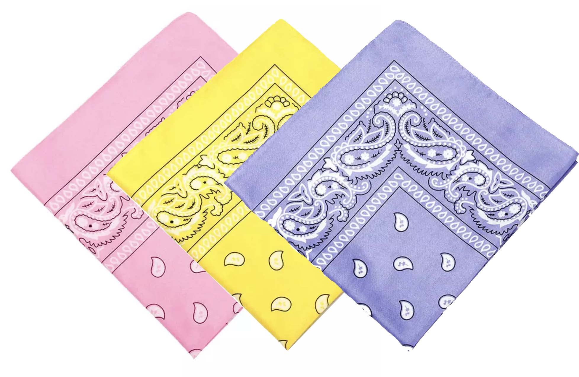 3 X Paisley Cotton Bandana Neckwear Headwear Headband (Light Pink-Yellow-Lilac)