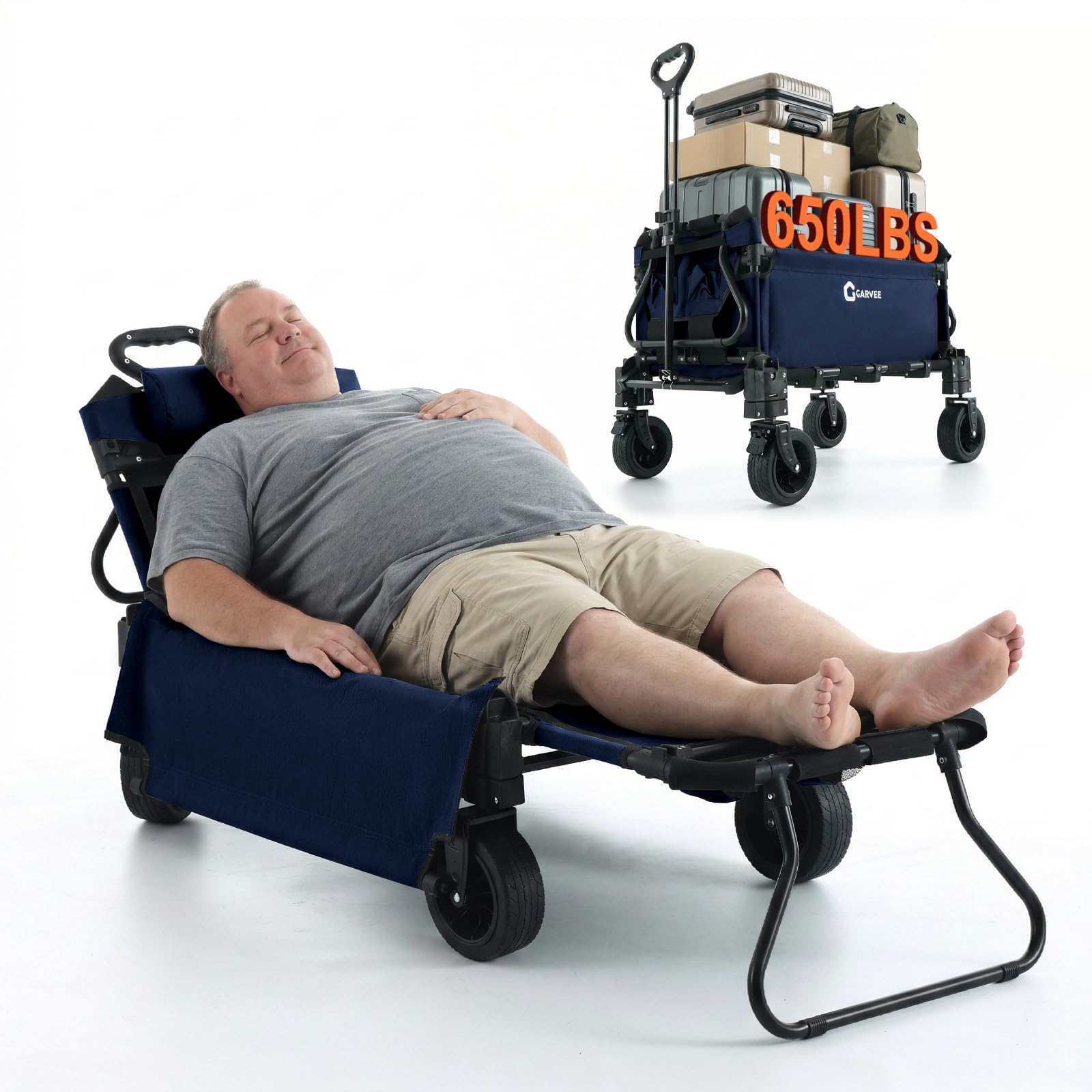 2-in-1 Festival Trolley Converts to Lounge Chair, Heavy Duty Camping Wagon on Wheels, Folding Trolley Cart, Collapsible Utility Garden Cart with Handle & Drink Holder, for Camping Beach Garden, Blue