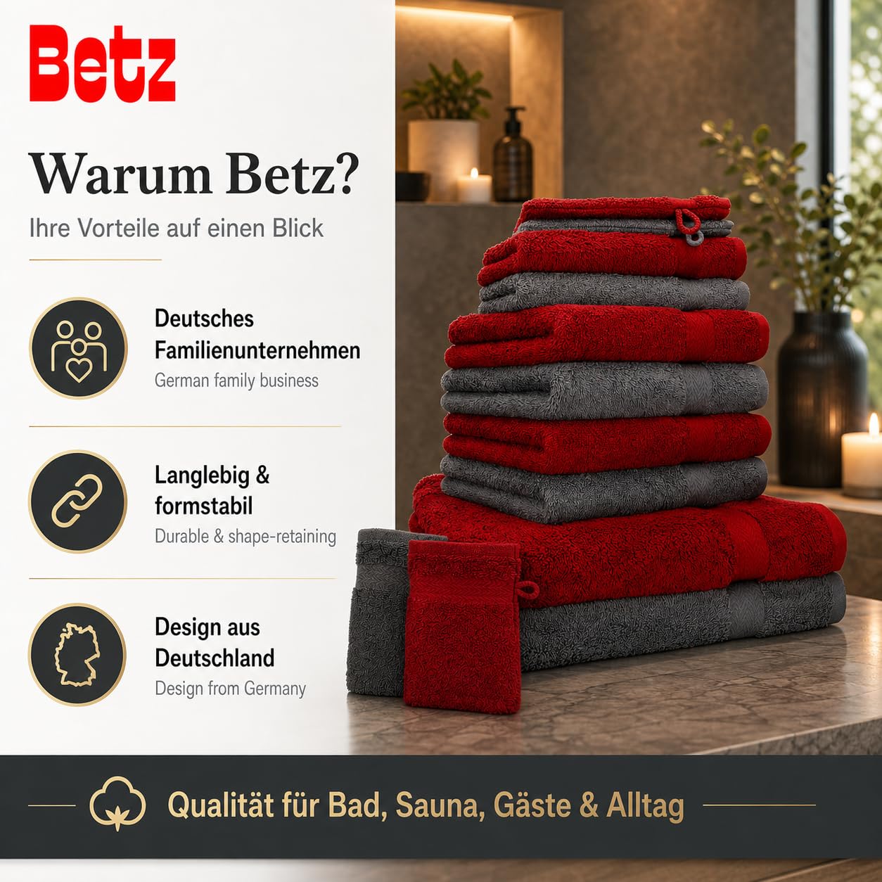 Betz 10-teiliges Premium Handtuchset - 100% Baumwolle Frottee - Saugstark & Hautsympathisch - 2X Duschtücher - 4X Handtücher - 2X Gästetücher - 2X Waschhandschuhe - Farbe Dunkelrot & Anthrazit