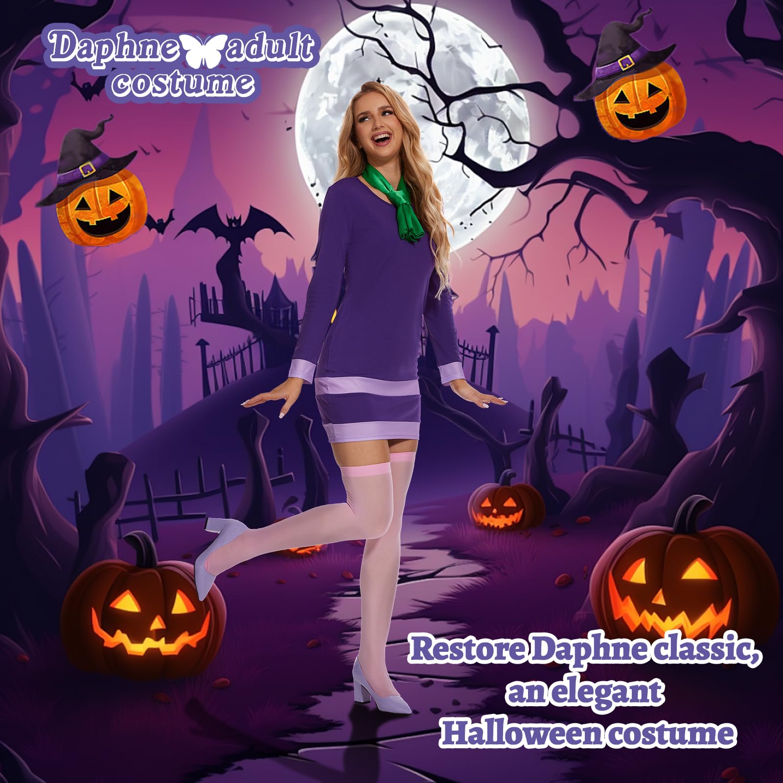 Daphne kostium dla kobiet, dorosłych sukienka z szalikiem, peruka, na imprezy, karnawał i Halloween cosplay