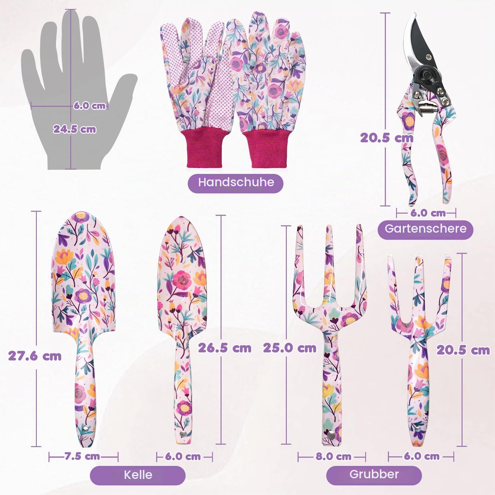Velway Gartenwerkzeug Set 7-TLG – Gartengeräte mit Blumenmuster & Geschenkbox, inkl. Handschuhe, Schaufel, Schere, ideales Gartengeschenk für Damen, Muttertag, Geburtstag, Weihnachten
