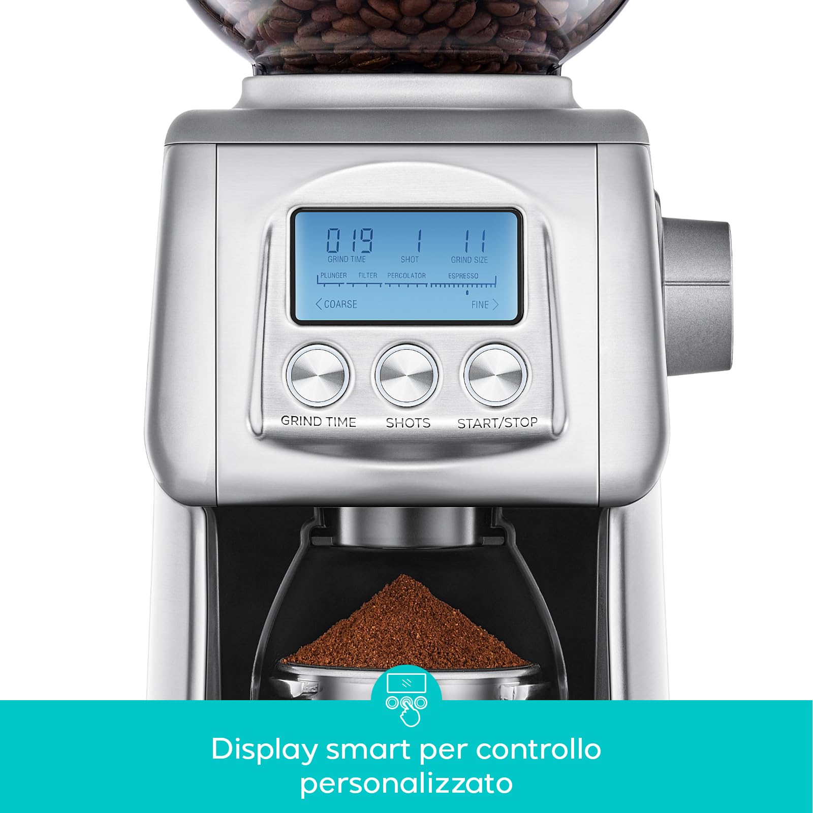 CASABREWS Macinacaffè Elettrico a Cono con 77 Livelli di Macinatura, Display LCD, Contenitore per Chicchi da 400g, Macina Caffè per Espresso, Portafiltro, French Press e Acciaio Inossidabile