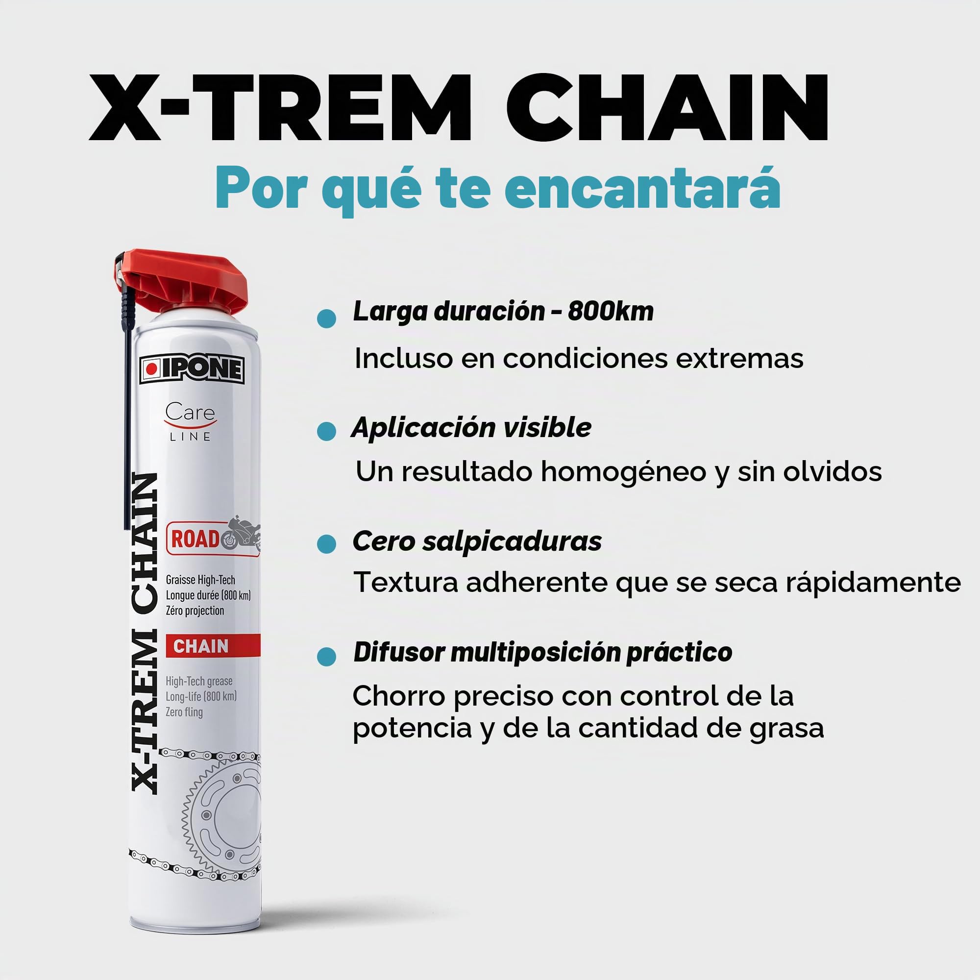 IPONE - Grasa de Cadena para Moto Carretera X-Trem Chain Road - Larga duración 800 km - Pulverización precisa sin Salpicaduras - Espray con difusor multiposición 250 ml