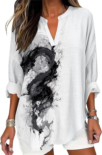 Flower Graphic Shirts for Women Summer Casual V Neck Boho Tops Comfy Loose Fit Long Length Sleeve Blouse Fall Pullover Tees