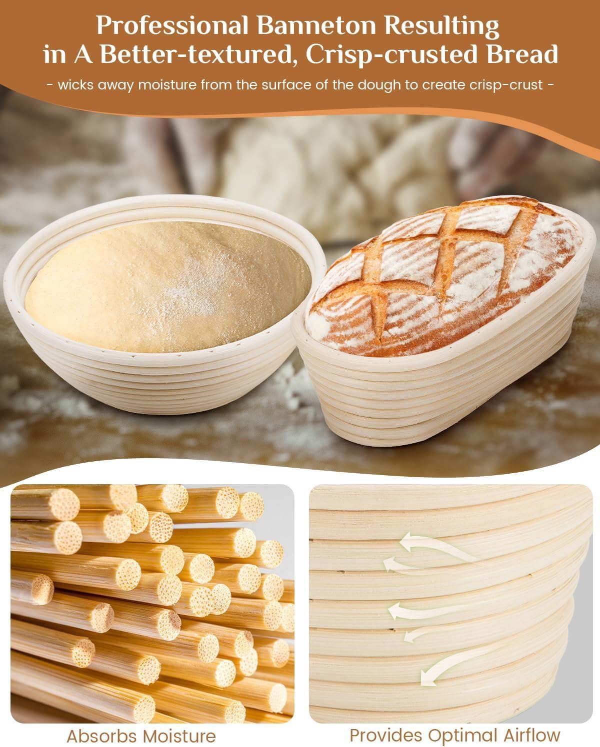 Gärkorb Set,Brot Gärkörbchen aus Peddigrohr zum Brot backen,Gärkörbchen Rund & Oval 2er Set,Gärkorb Brot mit Teigschaber für Heim- und Professionelle Bäcker
