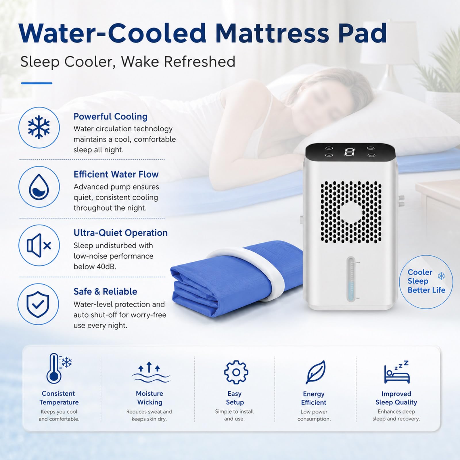 ColchóN De Agua Refrigerante, Almohadilla de enfriamiento de Cama, RefrigeracióN Silencioso para La Cama, Ajuste De Viento Y Tiempo Singlesize