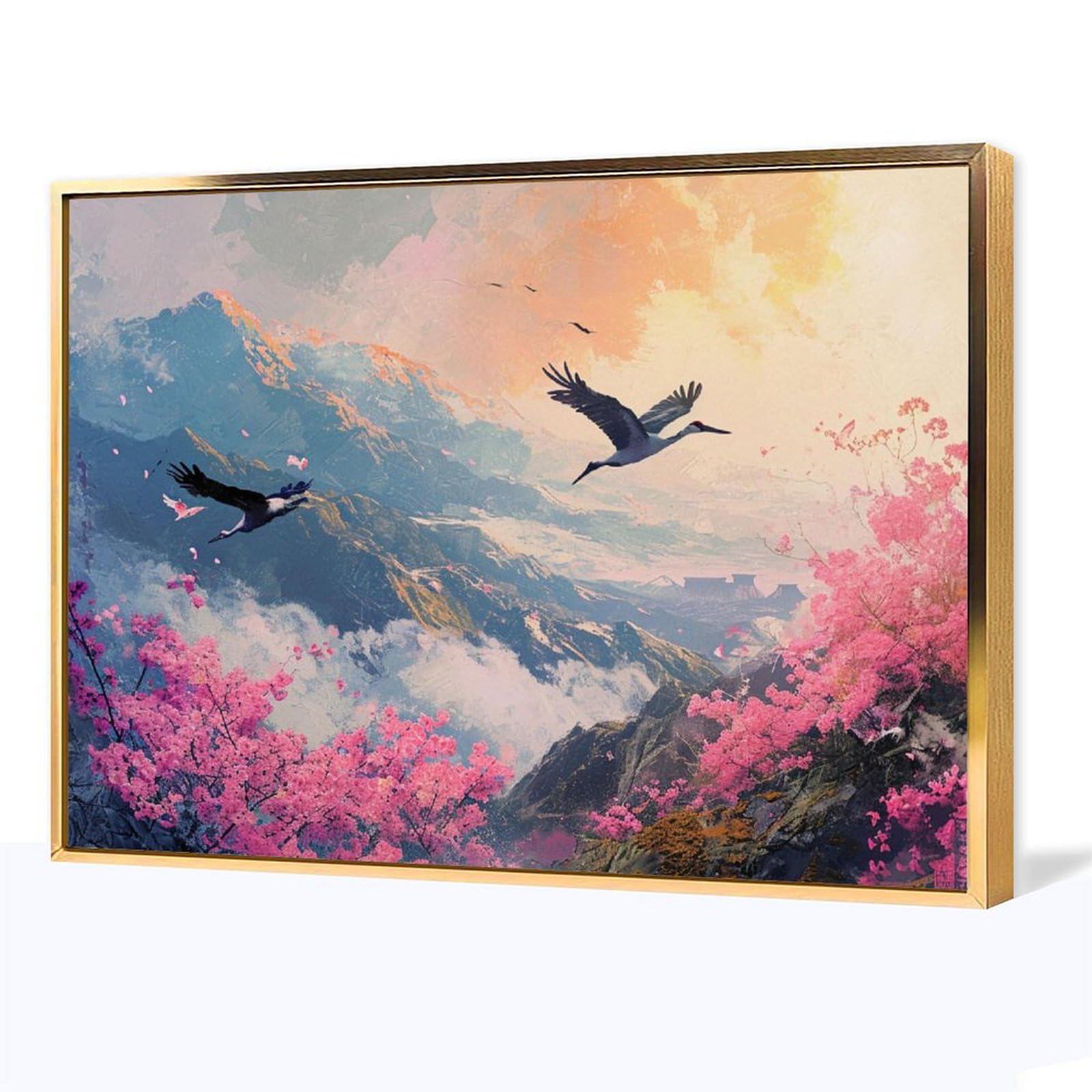 Amazon.co.jp: 絵画 2羽の鶴がピンクの花と山の上を飛びますインテリア
