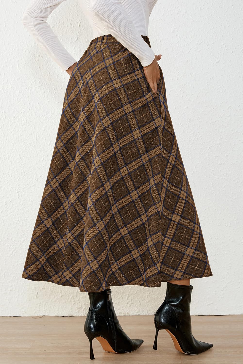 Pink Queen Plaid Skirts for Women 2026 Flared Vintage High Waist A Line Midi Tartan Skirts with Pockets