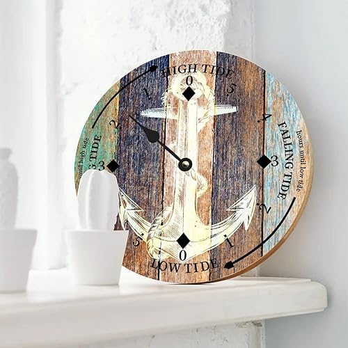 Miniatura 10 de Reloj de marea de madera, ancla náutica, reloj de marea de grano de madera, hora del océano, marea alta, marea baja, reloj rústico de madera con