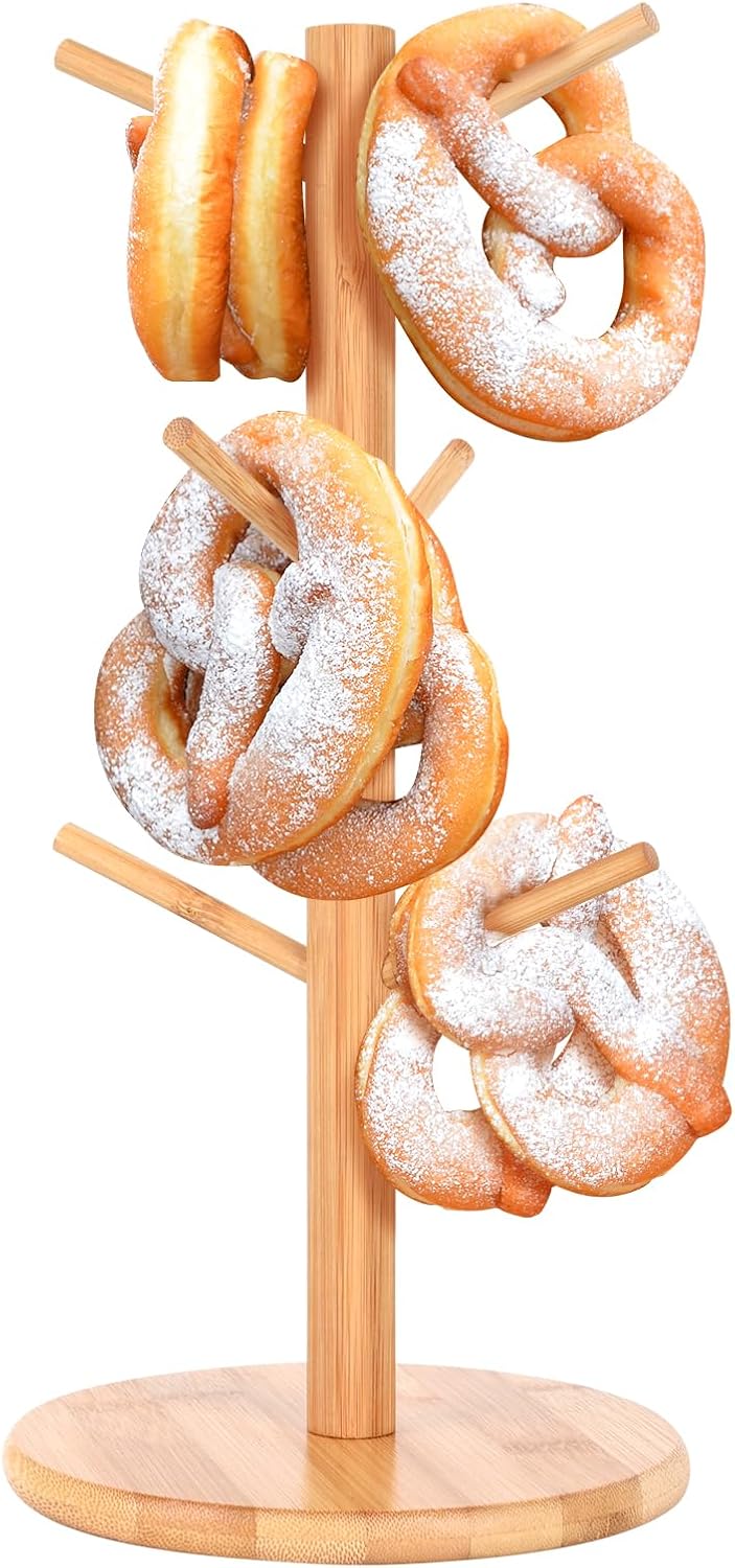 Pretzel Holder Stand, Pretzel Holder, Tree -Shaped Pretzel Stand Wood For Pretzel Display and Hanging Sausage Stand Contains 6 Pillars For Oktoberfest Party (6.29x6.29x12.59in)