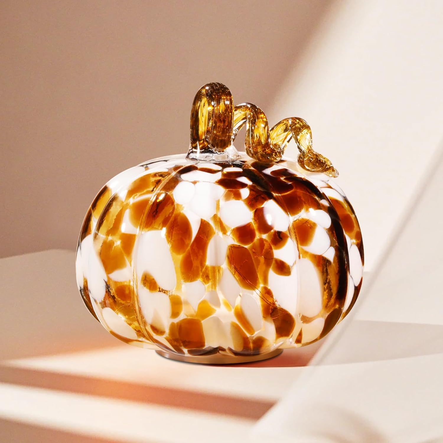 Handcrafted Glass Pumpkin with Warm LED Lights - Halloween & Thanksgiving Decor, Gift-Worthy Fall Home Decoration, 5.9-Inch Light-Up Tabletop Centerpiece (Vine Coffee and Purple)