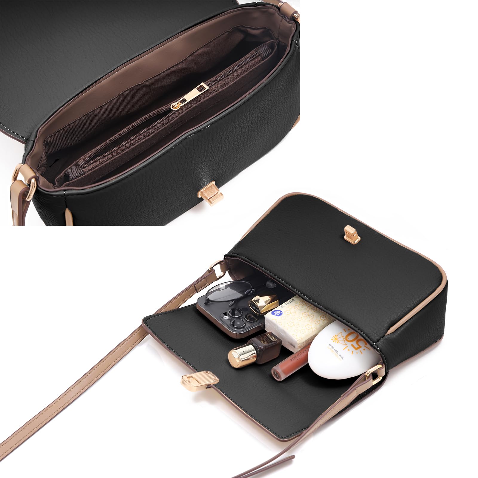 Prettyzys Crossbody Bags for Women Pocketbooks Soft PU Leather Purses and Handbags Multi Pocket Shoulder Bag, Black