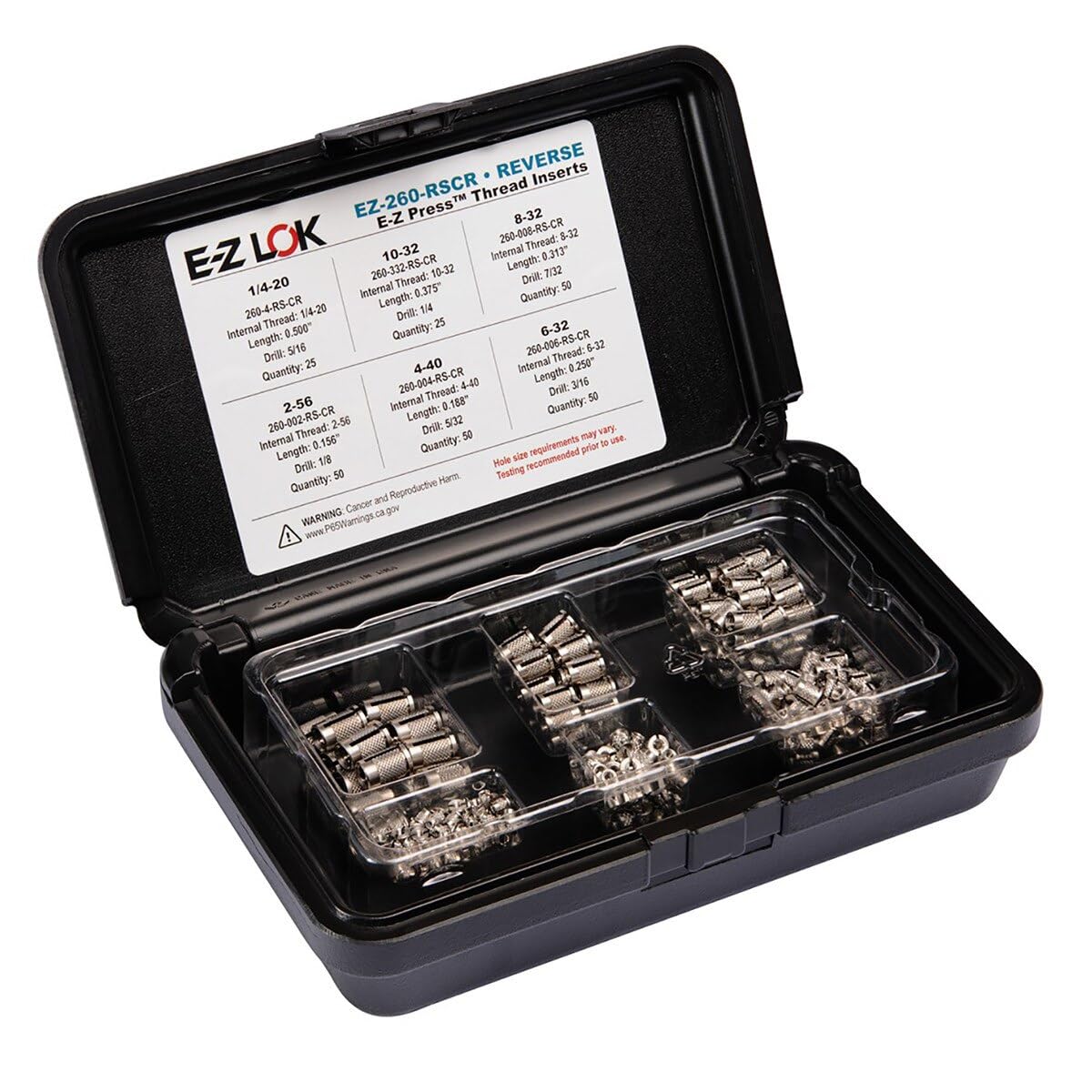 E-Z LOK Threaded Inserts for Plastic Assortment Kit, Reverse-Slot Stainless Steel Threads, 2-56 to 1/4-20, Press-in Installation, EZ-260-RS-CR, Pack of 250
