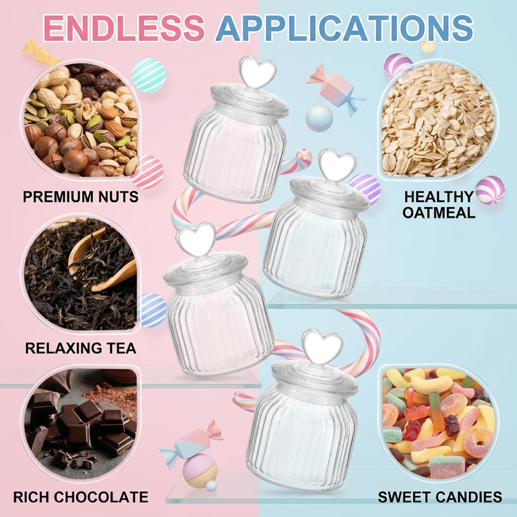 Lot de 4 bocaux à bonbons en verre transparent avec couvercles en forme de cœur avec couvercles - Bocaux à biscuits en verre texturé à rayures décoratives pour mariage, Saint-Valentin, fête
