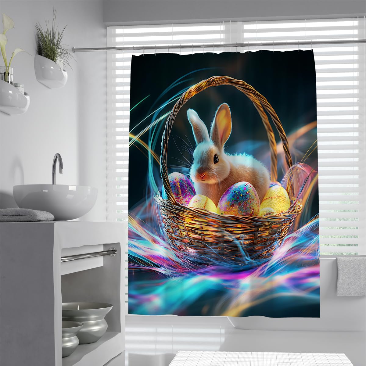 Osterhase im Korb-Duschvorhang mit bunten glitzernden Eiern und verträumtem Hintergrund Badewannenvorhang aus wasserdichtem Polyester für das Badezimmer 180 x 200 cm
