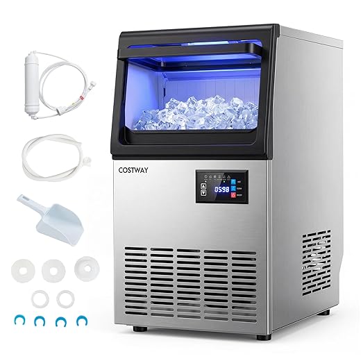 COSTWAY Commercial Gourmet Ice Maker Machine, 80 Lbs/24H Spray-Type Undercounter Premium Ice Machine with 30 LBS Storage Bin, Self-Cleaning Function, Adjustable Ice Thickness for Bar Cafe Home