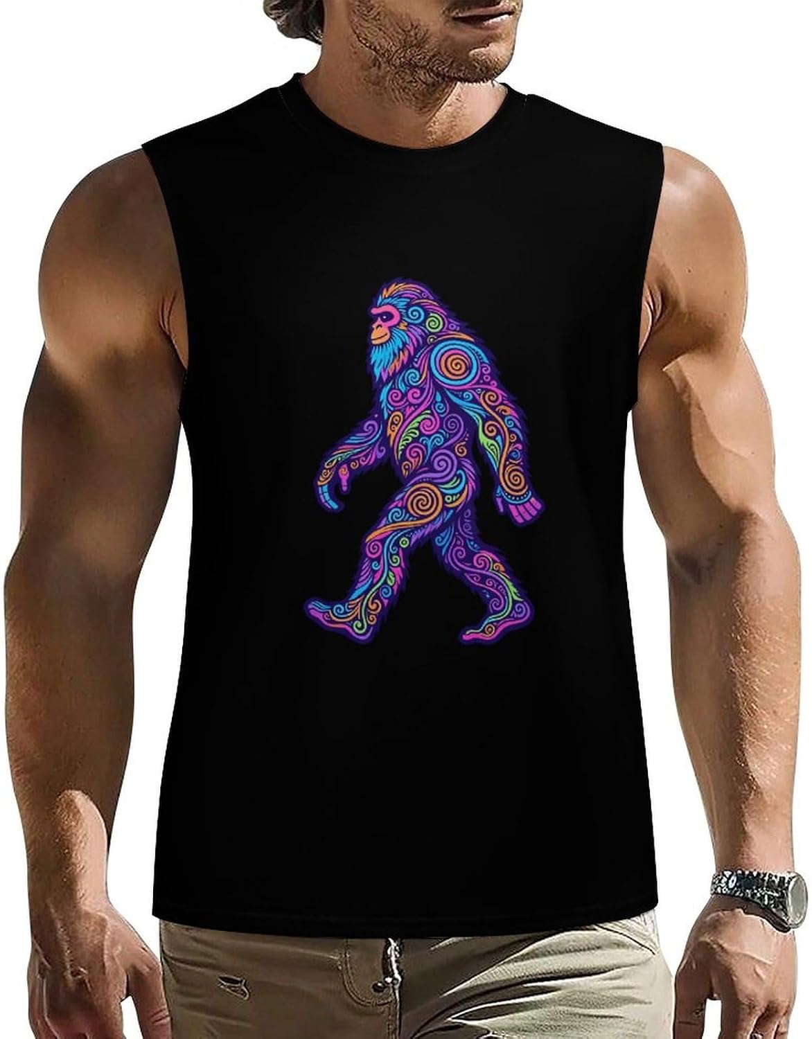 Neon Swirl Bigfoot Sasquatch Men Summer Sleeveless Crew Neck Top 5XL