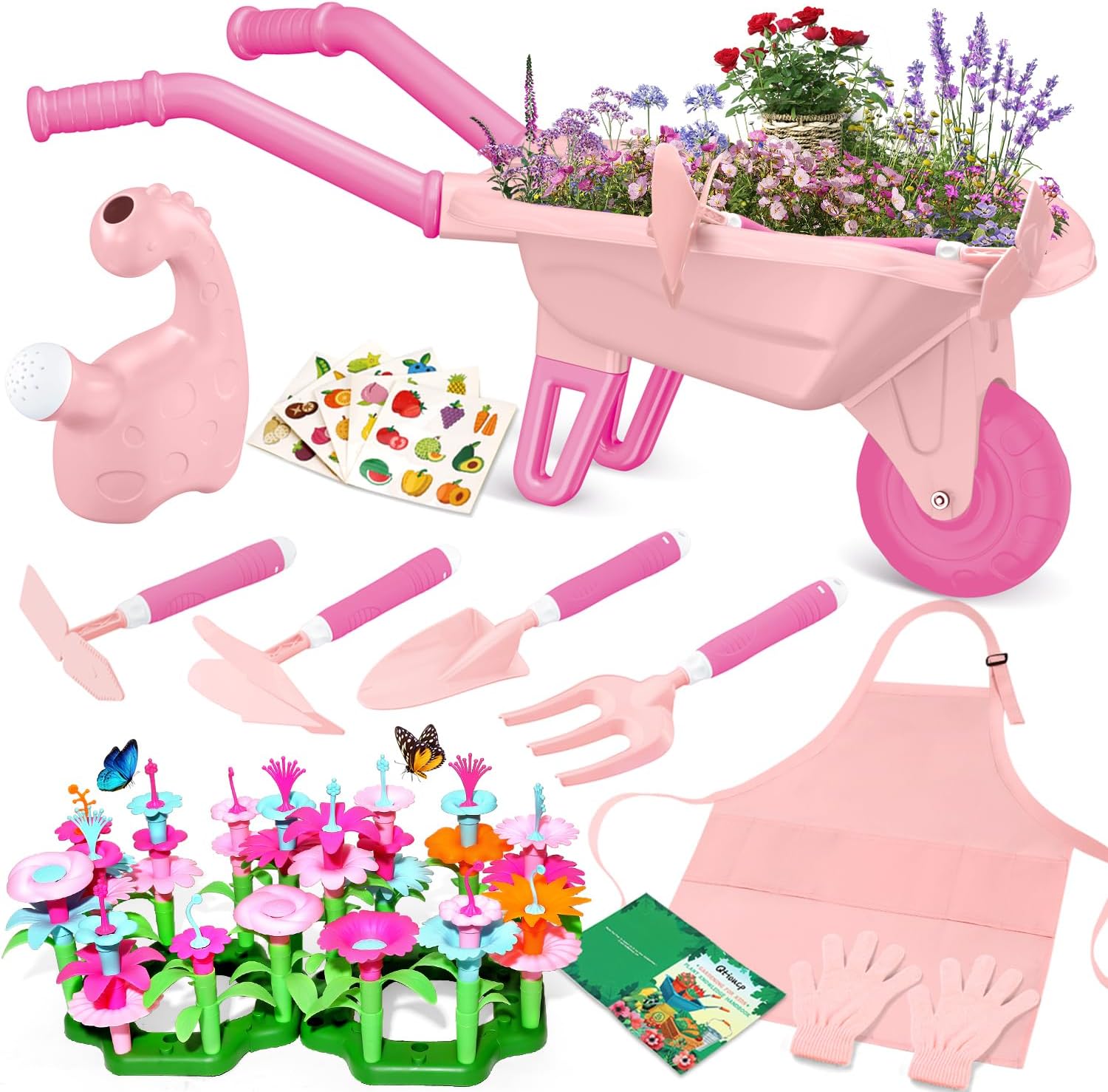 Qtioucp 16Pcs Kids Gardening Tools Outdoor Toys Set Backyard Play with 93 PCS DIY Flower Garden Building Preschool Activities (Pink)