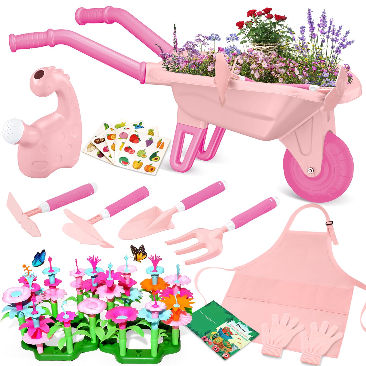 16Pcs Kids Gardening Tools Outdoor Toys Set Backyard Play with 93 PCS DIY Flower Garden Building Preschool Activities (Pink)