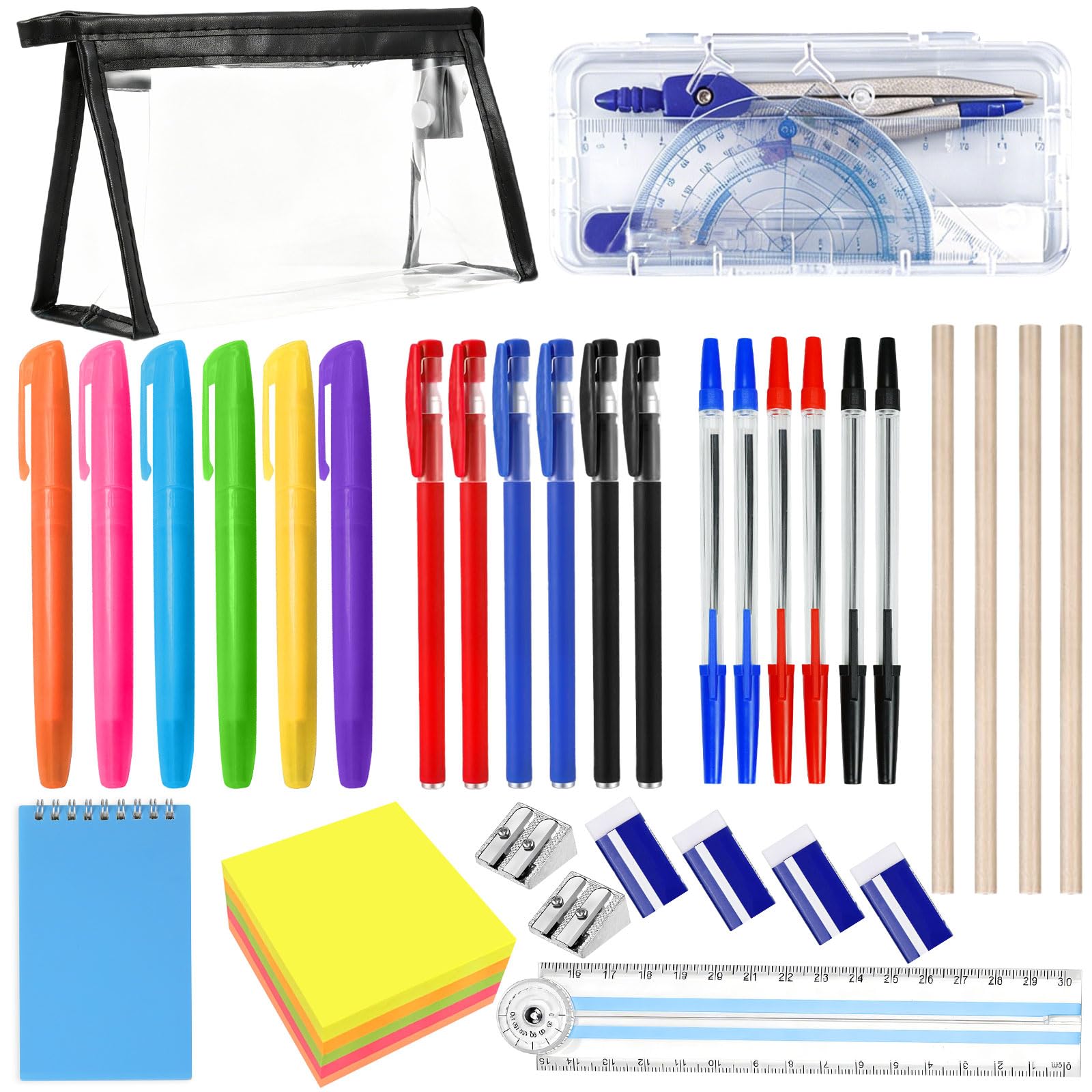 42PCS Back to School Stationery Sets, School Supplies Kit with Pencil Case, Notebook, Eraser, Sticky Notes, Pencil Sharpener, Compass Set, Highlighters, Pencils, Angle Ruler, Fountain Pens,Signing Pen